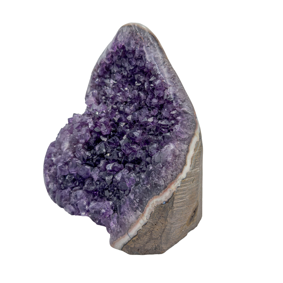 AA grade amethyst geode from Uruguay, right profile, a thick pale grey agate rim, specimen 55.