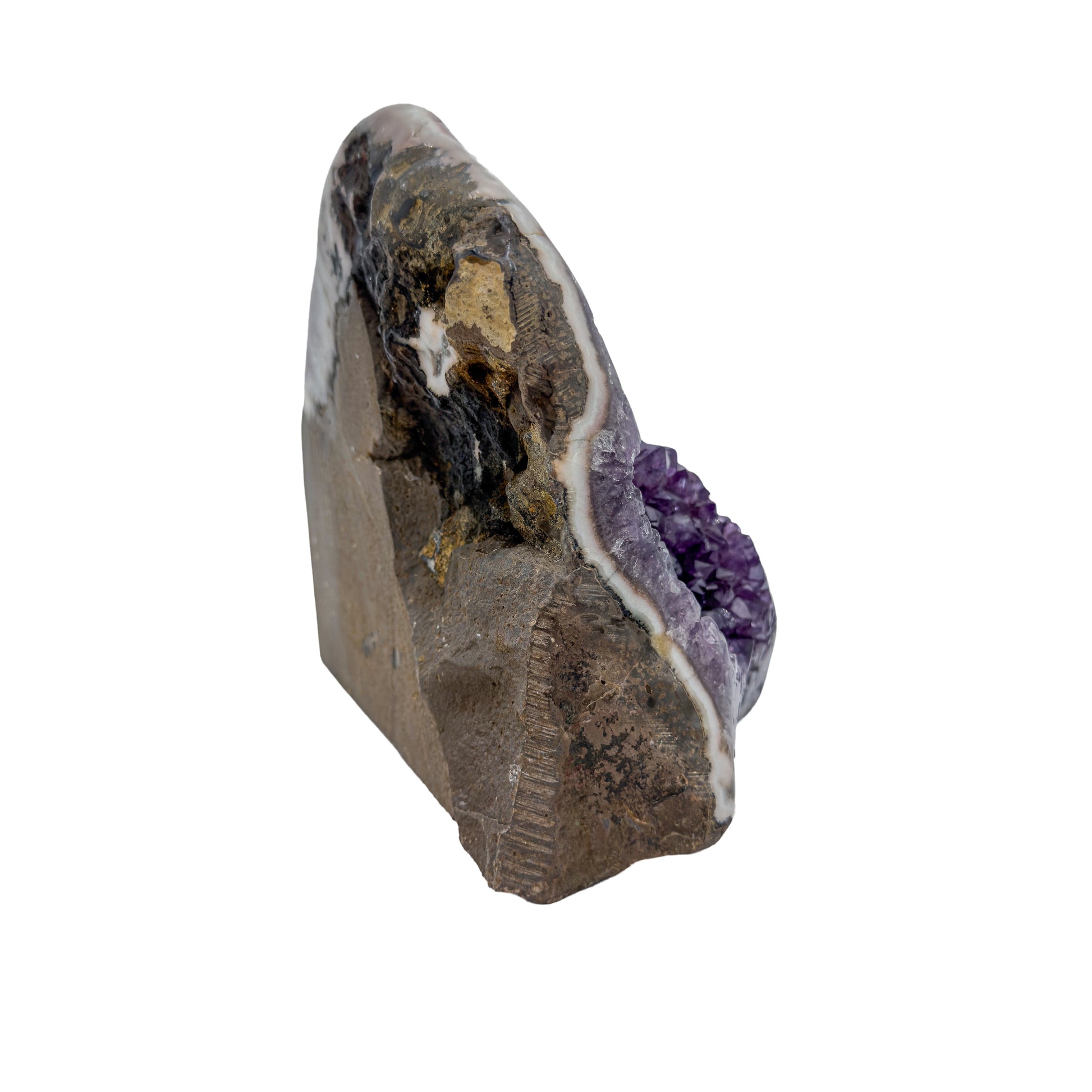 AA grade amethyst geode from Uruguay, reverse side, a thick pale grey agate rim, specimen 55.