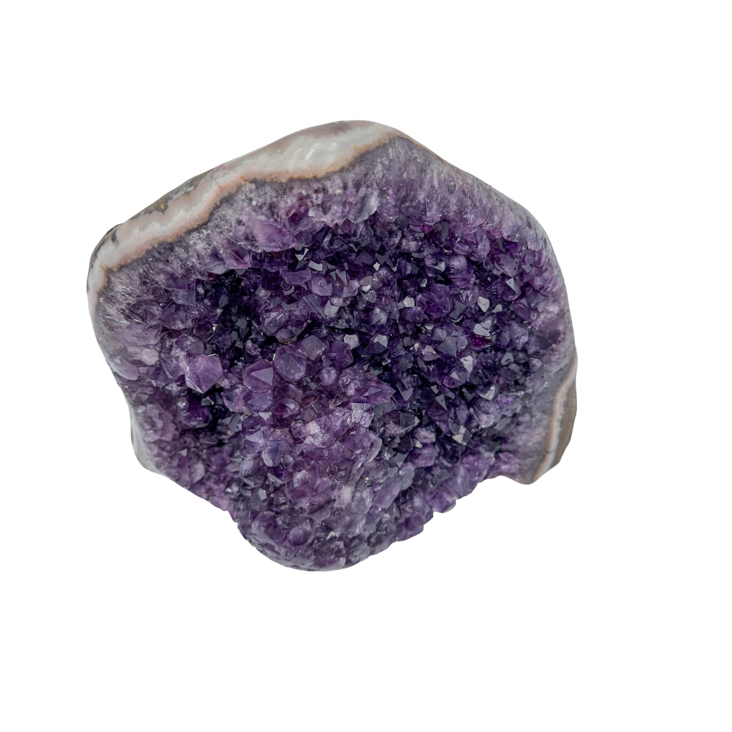 AA grade amethyst geode from Uruguay, alternate angle, a thick pale grey agate rim, specimen 55.