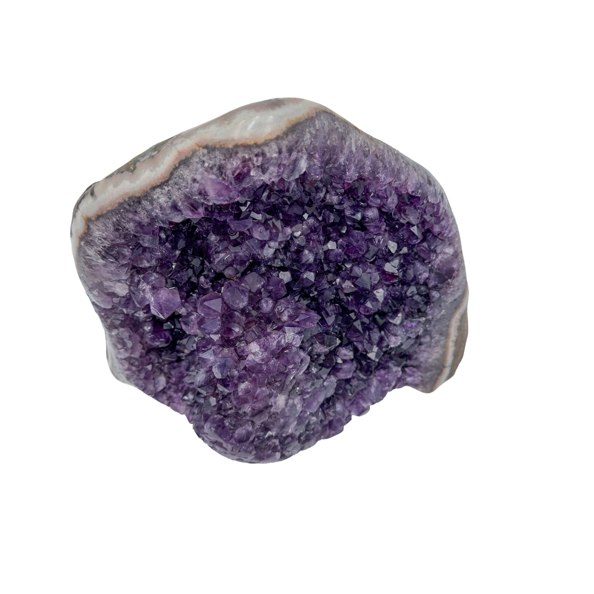 AA grade amethyst geode from Uruguay, alternate angle, a thick pale grey agate rim, specimen 55.