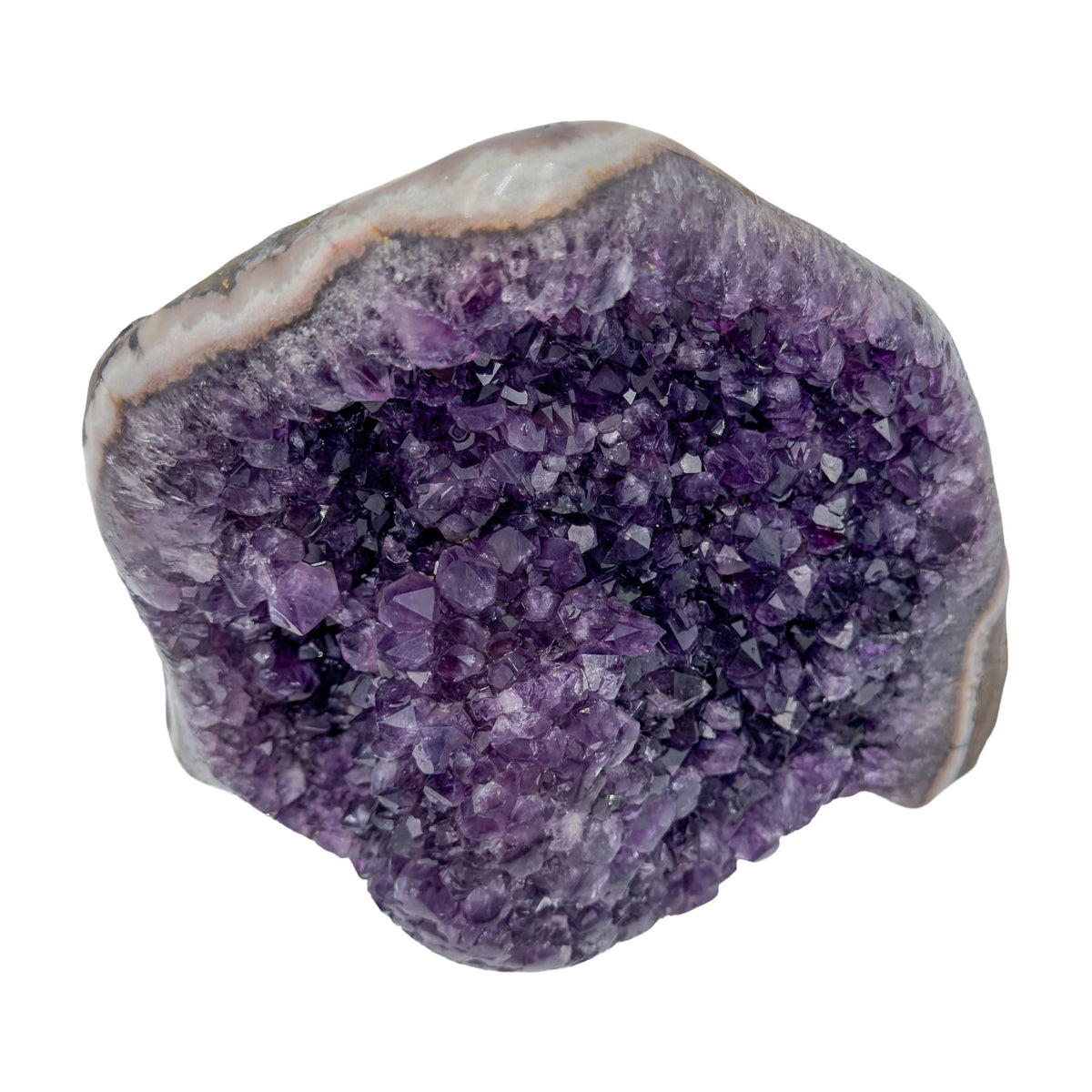 AA grade amethyst geode from Uruguay, alternate angle, a thick pale grey agate rim, specimen 55.