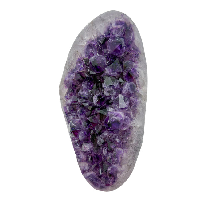 AAA grade amethyst polished geode from Artigas, Uruguay, long tapered plate, violet druzy shading into olive-green zones, 9.03 x 4.80 x 3.52 in, 6.50 pounds.