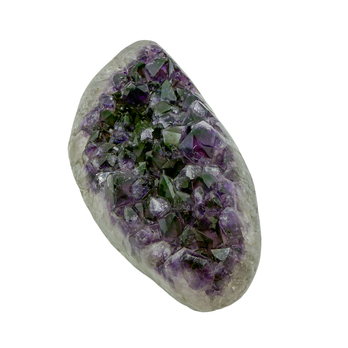 AAA grade amethyst geode from Uruguay, left profile, white and grey agate banding at the base, specimen 12.