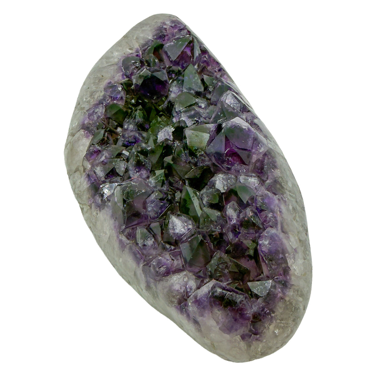 AAA grade amethyst geode from Uruguay, left profile, white and grey agate banding at the base, specimen 12.