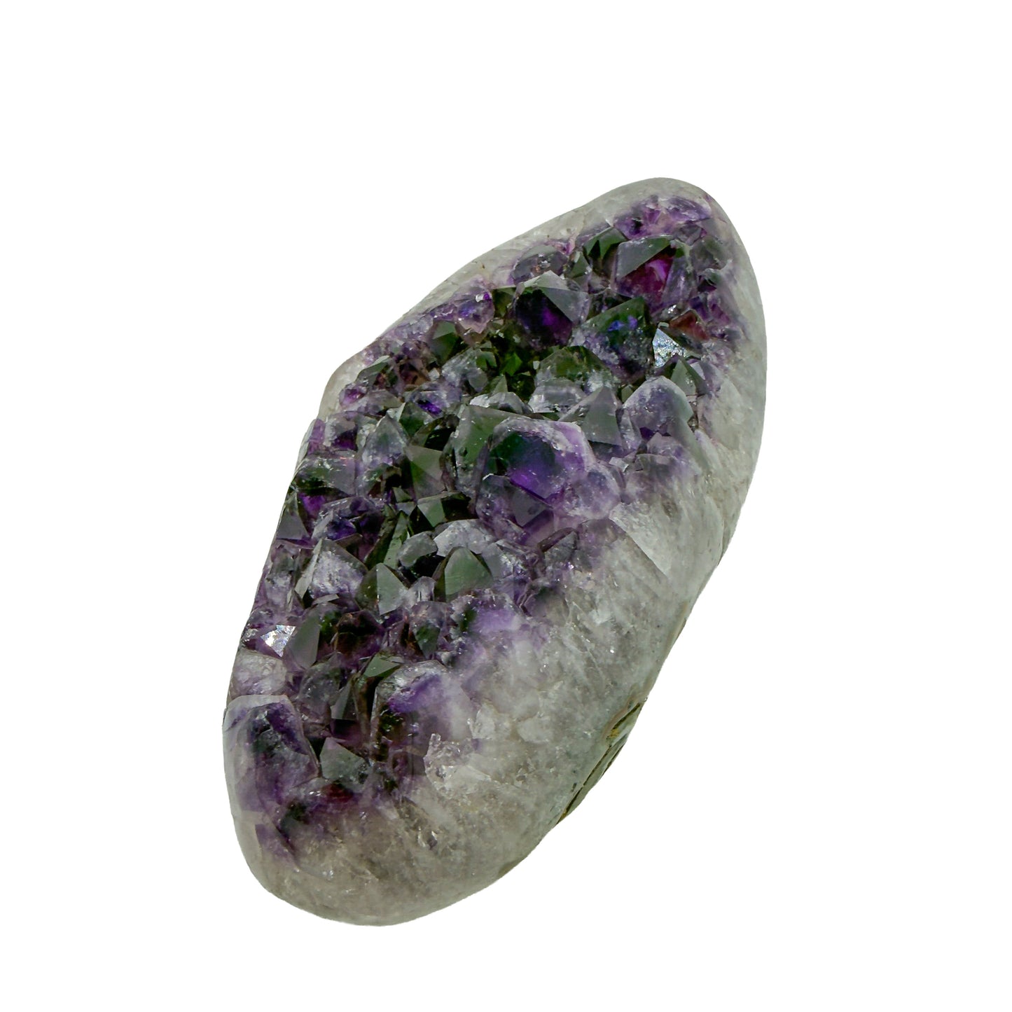 Amethyst polished geode from Uruguay held in an open hand, showing true scale, 6.50 pound long tapered plate, specimen 12.