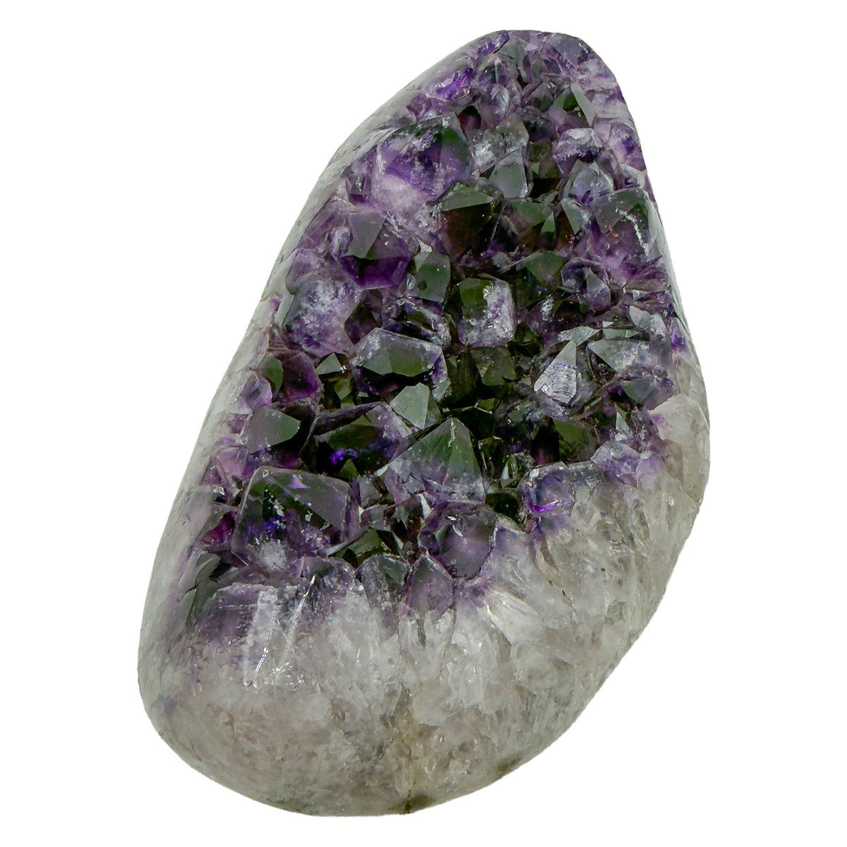 AAA grade amethyst geode from Uruguay, reverse side, white and grey agate banding at the base, specimen 12.
