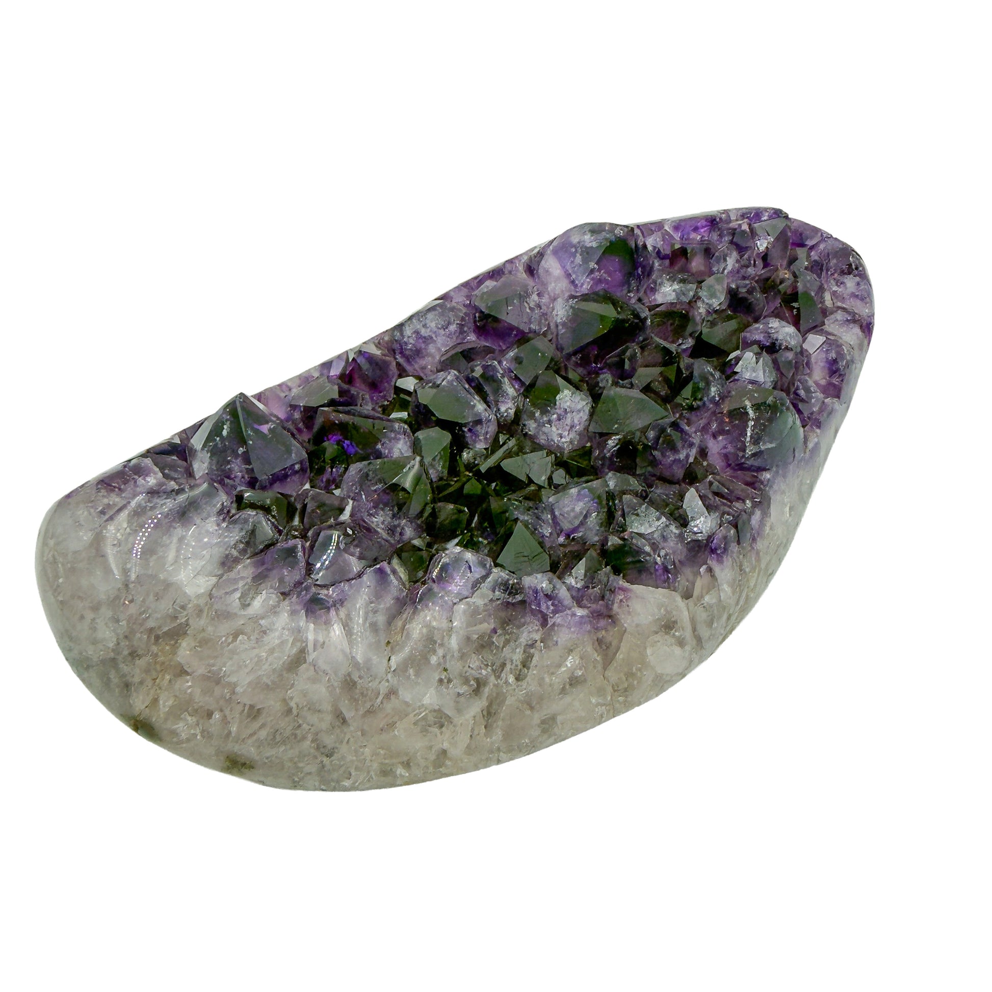 AAA grade amethyst geode from Uruguay, alternate angle, white and grey agate banding at the base, specimen 12.