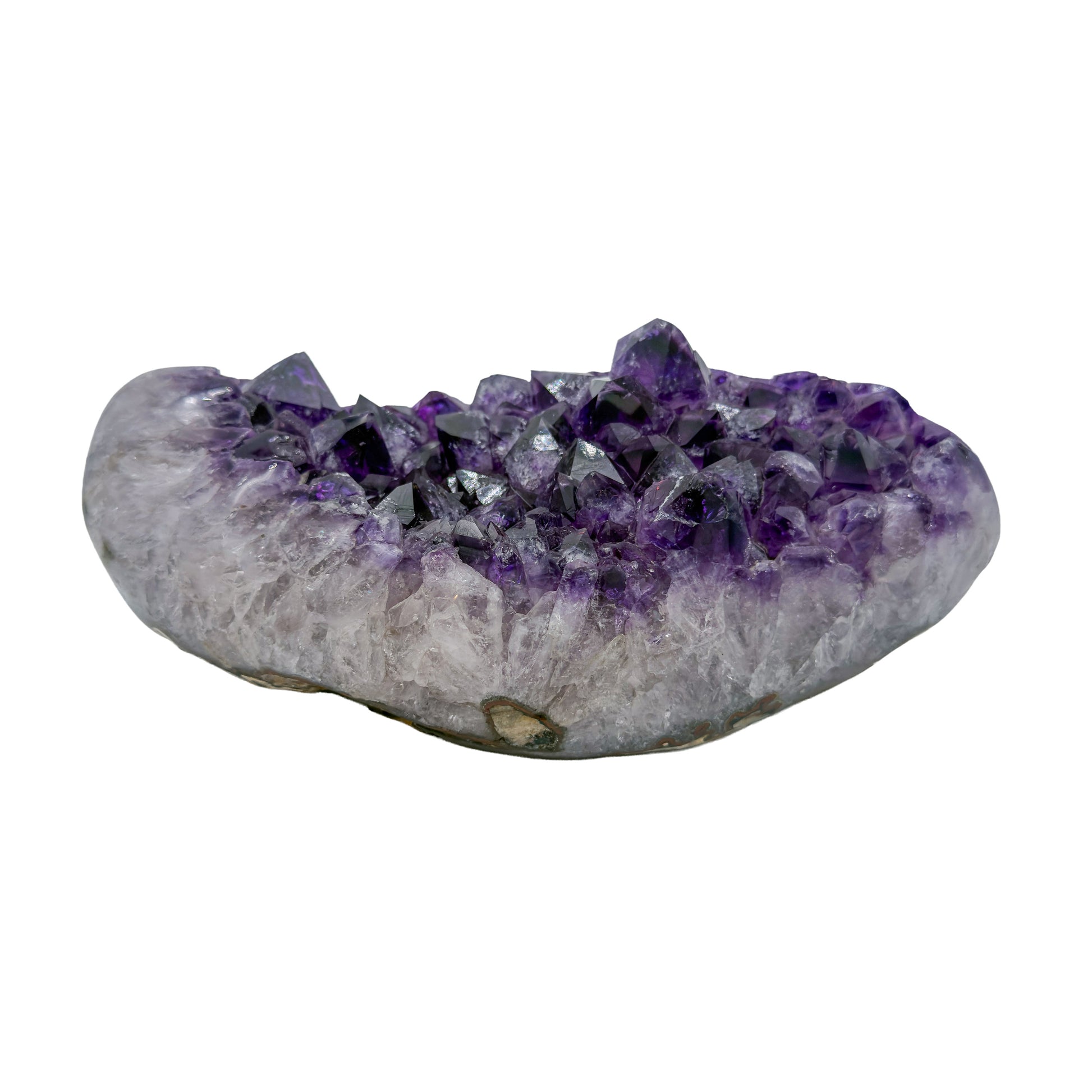 AAA grade amethyst geode from Uruguay, detail of the crystal face, white and grey agate banding at the base, specimen 12.