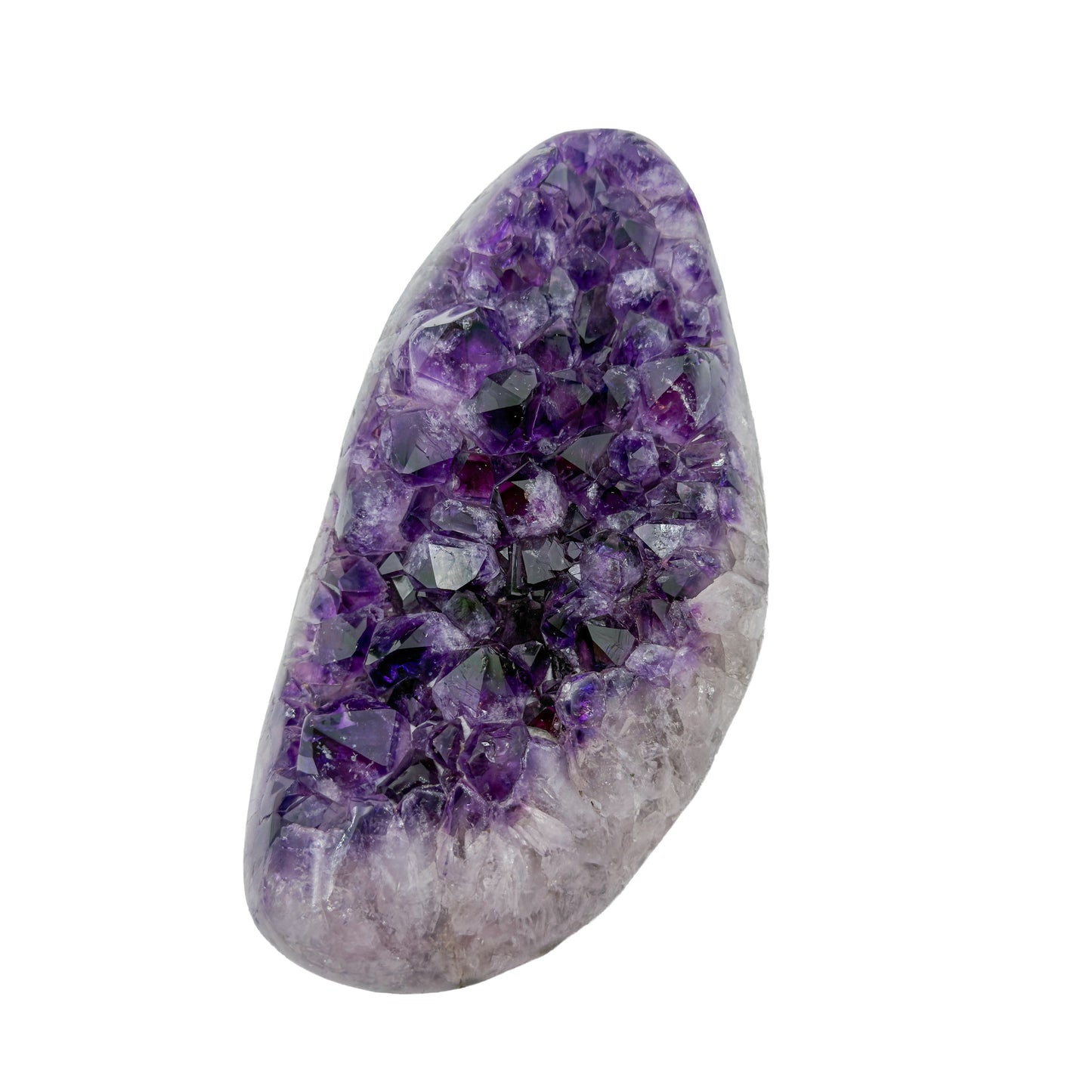 AAA grade amethyst geode from Uruguay, angled three-quarter view, white and grey agate banding at the base, specimen 12.