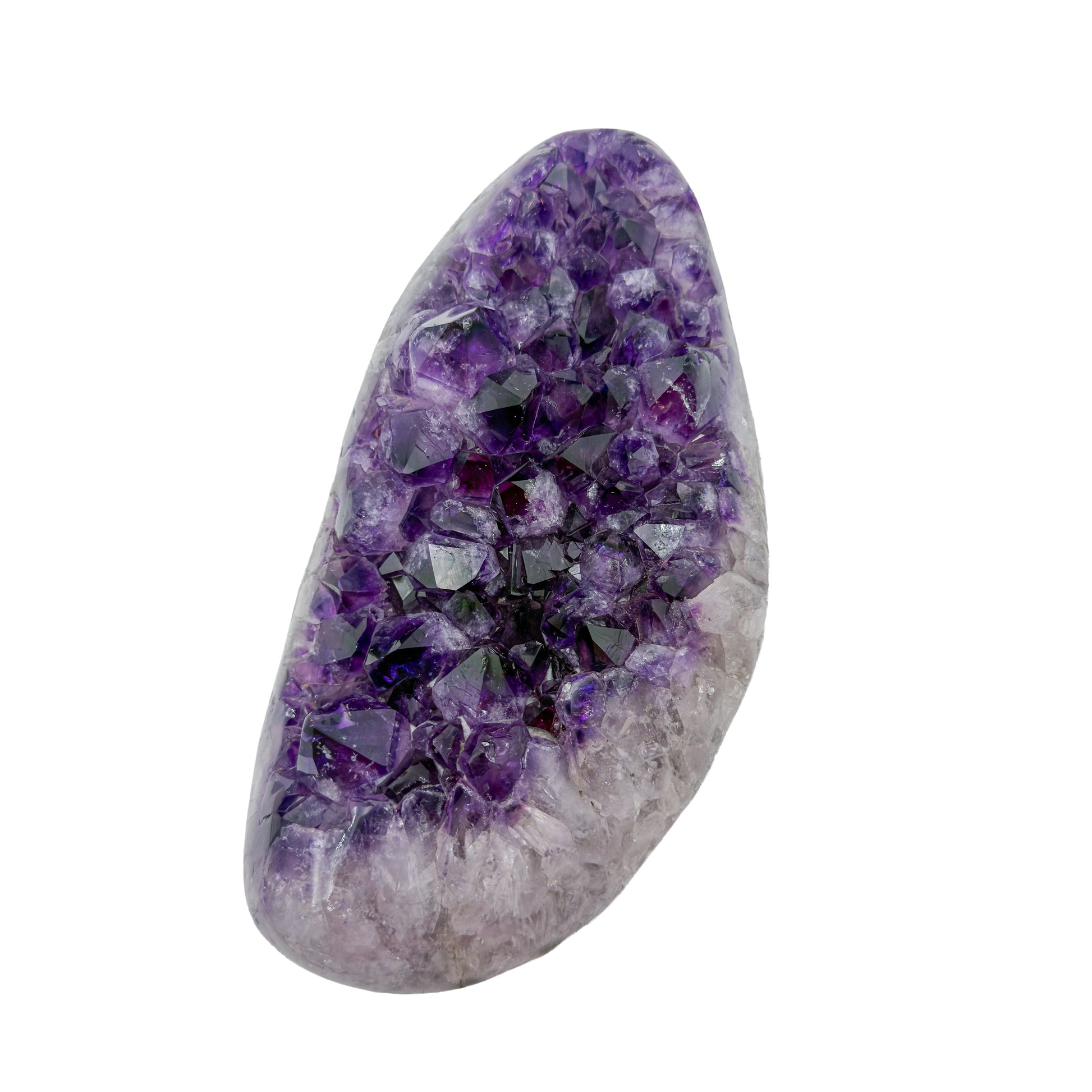 AAA grade amethyst geode from Uruguay, angled three-quarter view, white and grey agate banding at the base, specimen 12.