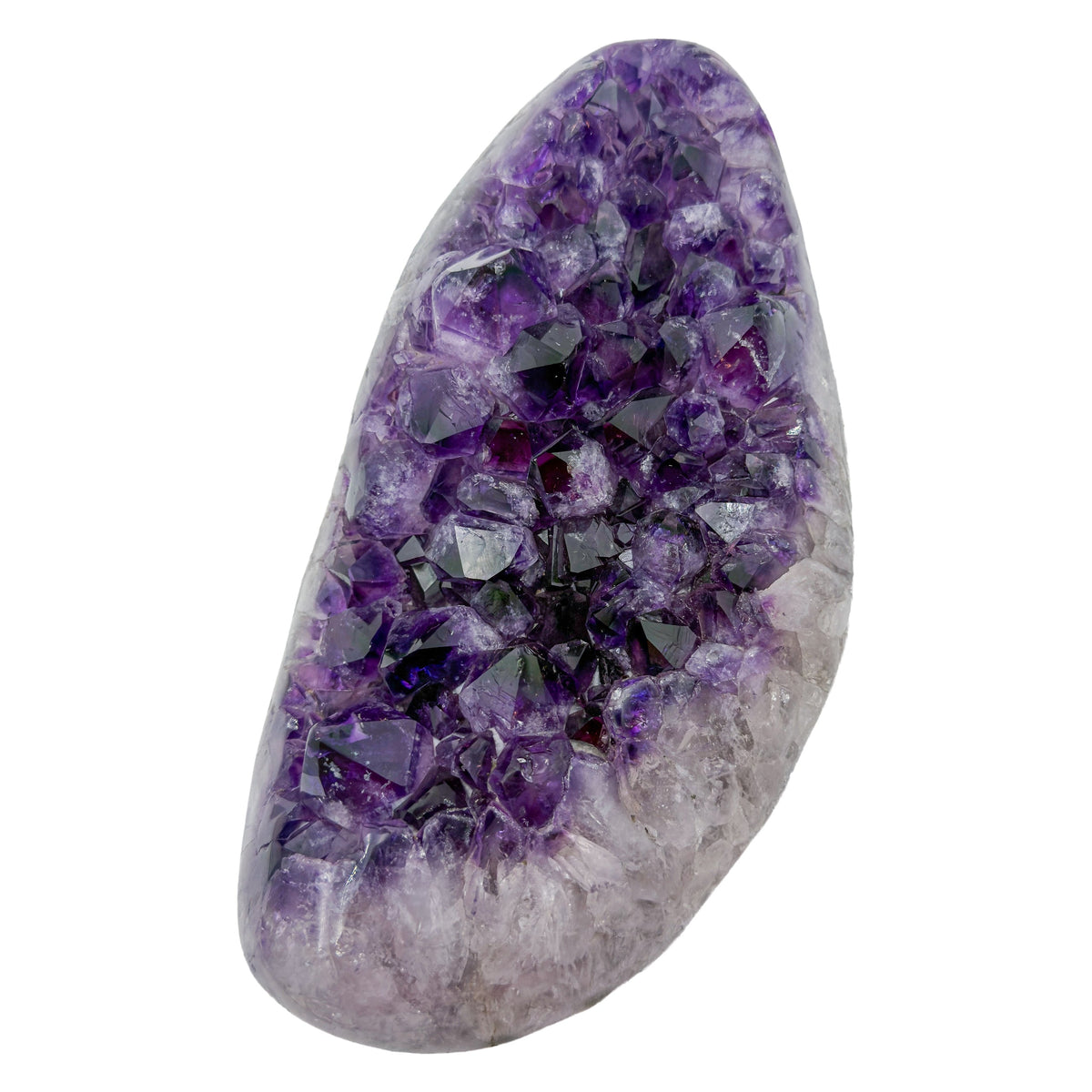 AAA grade amethyst geode from Uruguay, angled three-quarter view, white and grey agate banding at the base, specimen 12.