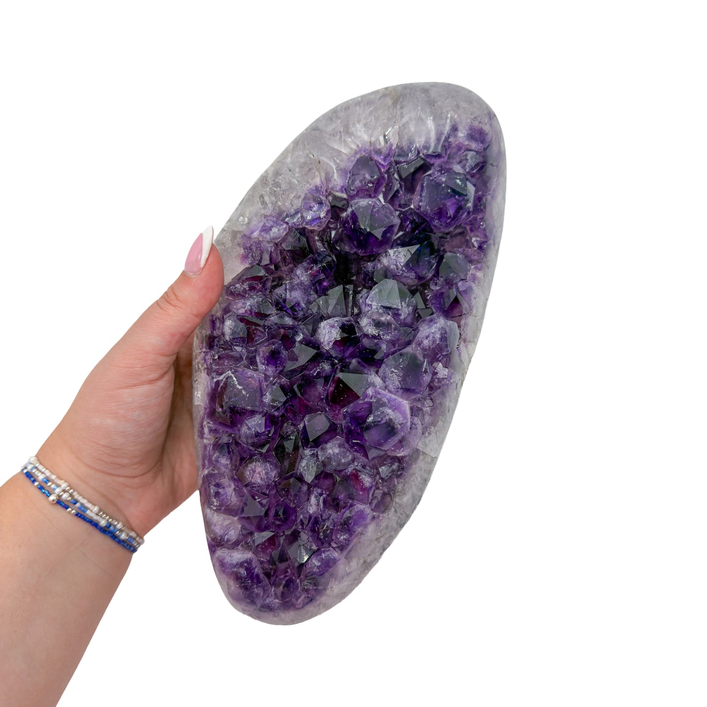 AAA grade amethyst geode from Uruguay, opposite face, white and grey agate banding at the base, specimen 12.