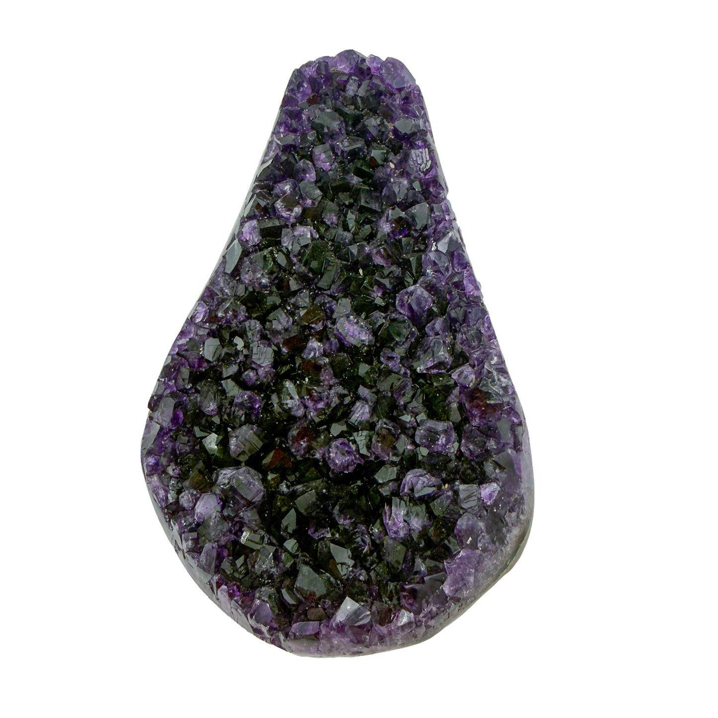 AAA grade amethyst polished geode from Artigas, Uruguay, tapered wedge, olive-toned druzy over purple crystal, 7.92 x 4.95 x 2.90 in, 3.81 pounds.
