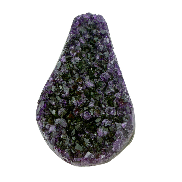 AAA grade amethyst polished geode from Artigas, Uruguay, tapered wedge, olive-toned druzy over purple crystal, 7.92 x 4.95 x 2.90 in, 3.81 pounds.