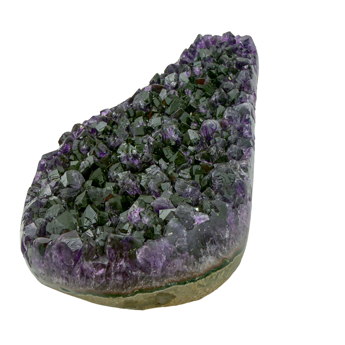 AAA grade amethyst geode from Uruguay, angled three-quarter view, a yellow-olive band along the base, specimen 26.