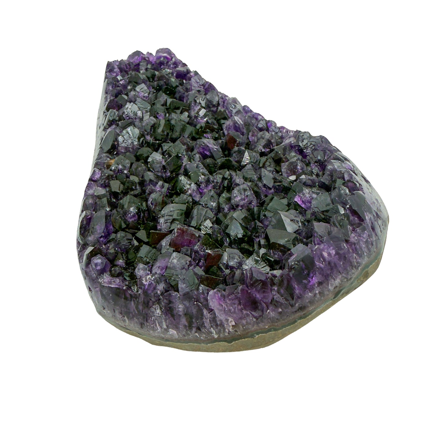 AAA grade amethyst geode from Uruguay, left profile, a yellow-olive band along the base, specimen 26.