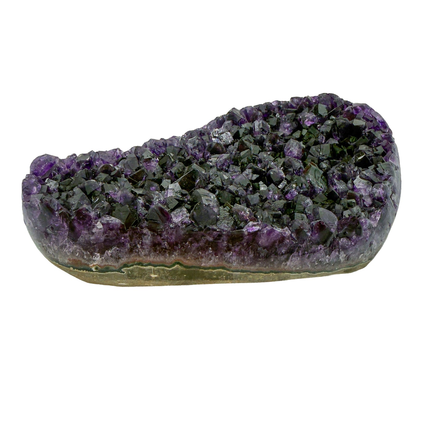 AAA grade amethyst geode from Uruguay, right profile, a yellow-olive band along the base, specimen 26.