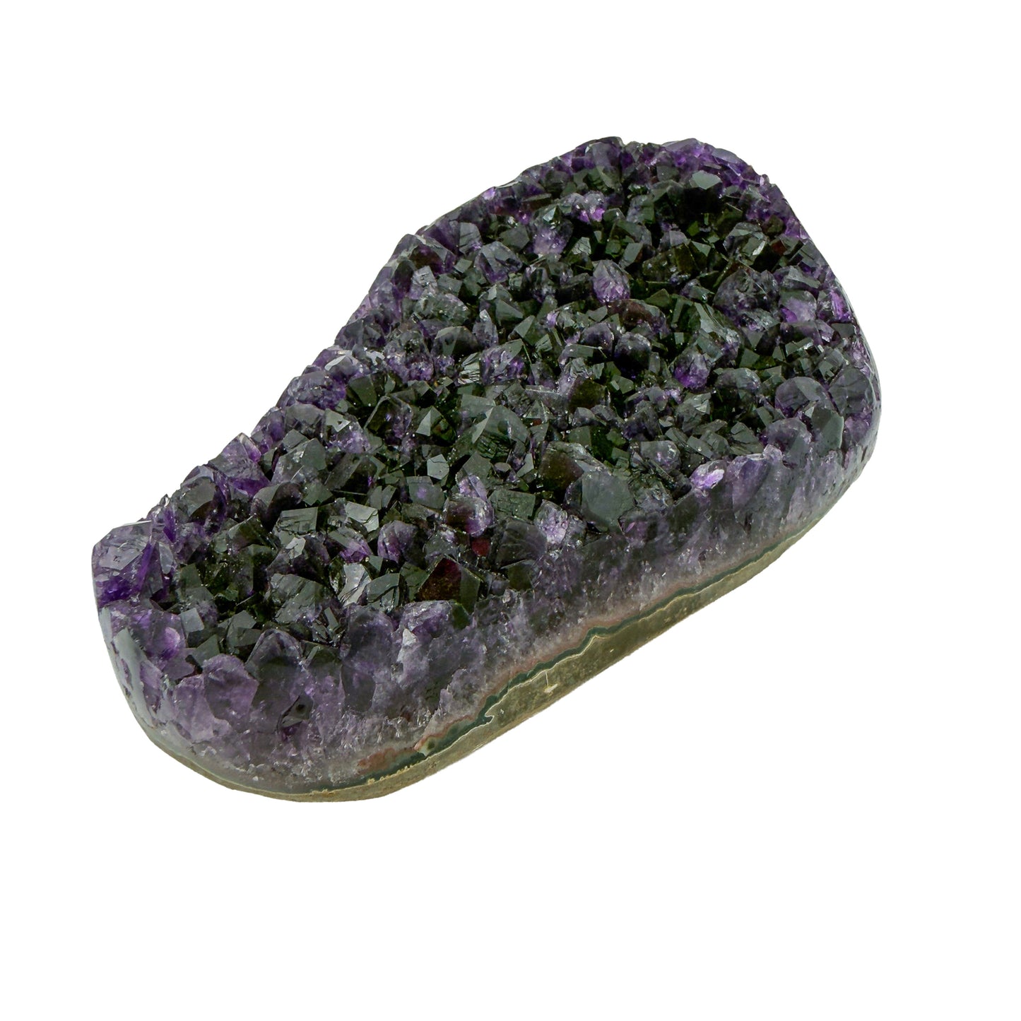 AAA grade amethyst geode from Uruguay, reverse side, a yellow-olive band along the base, specimen 26.