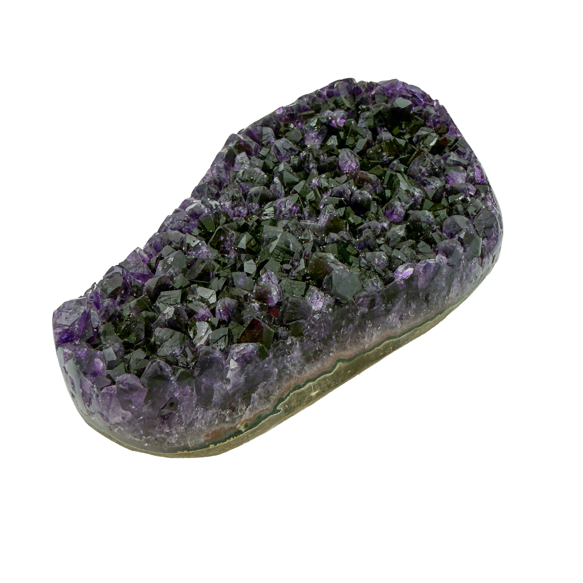 AAA grade amethyst geode from Uruguay, reverse side, a yellow-olive band along the base, specimen 26.