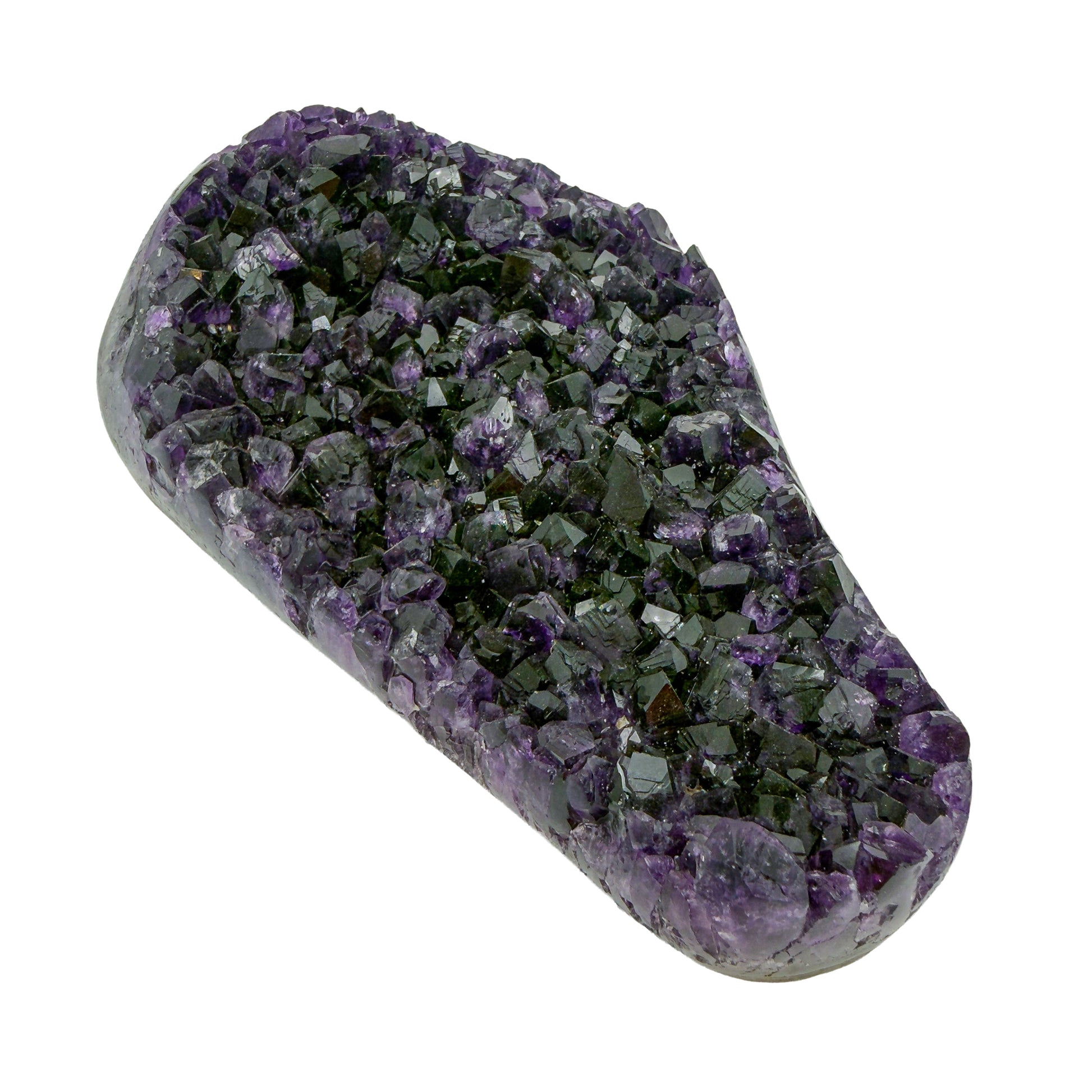 AAA grade amethyst geode from Uruguay, alternate angle, a yellow-olive band along the base, specimen 26.