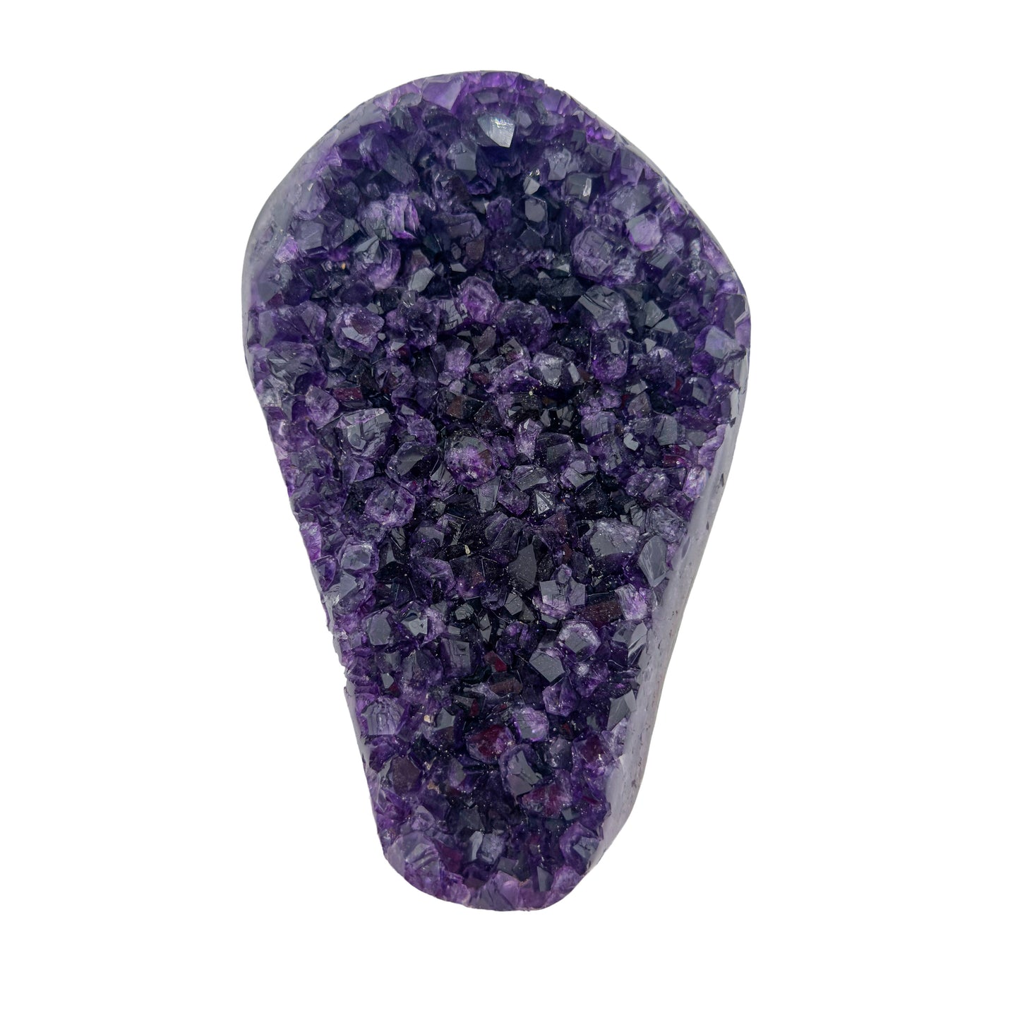 AAA grade amethyst geode from Uruguay, detail of the crystal face, a yellow-olive band along the base, specimen 26.