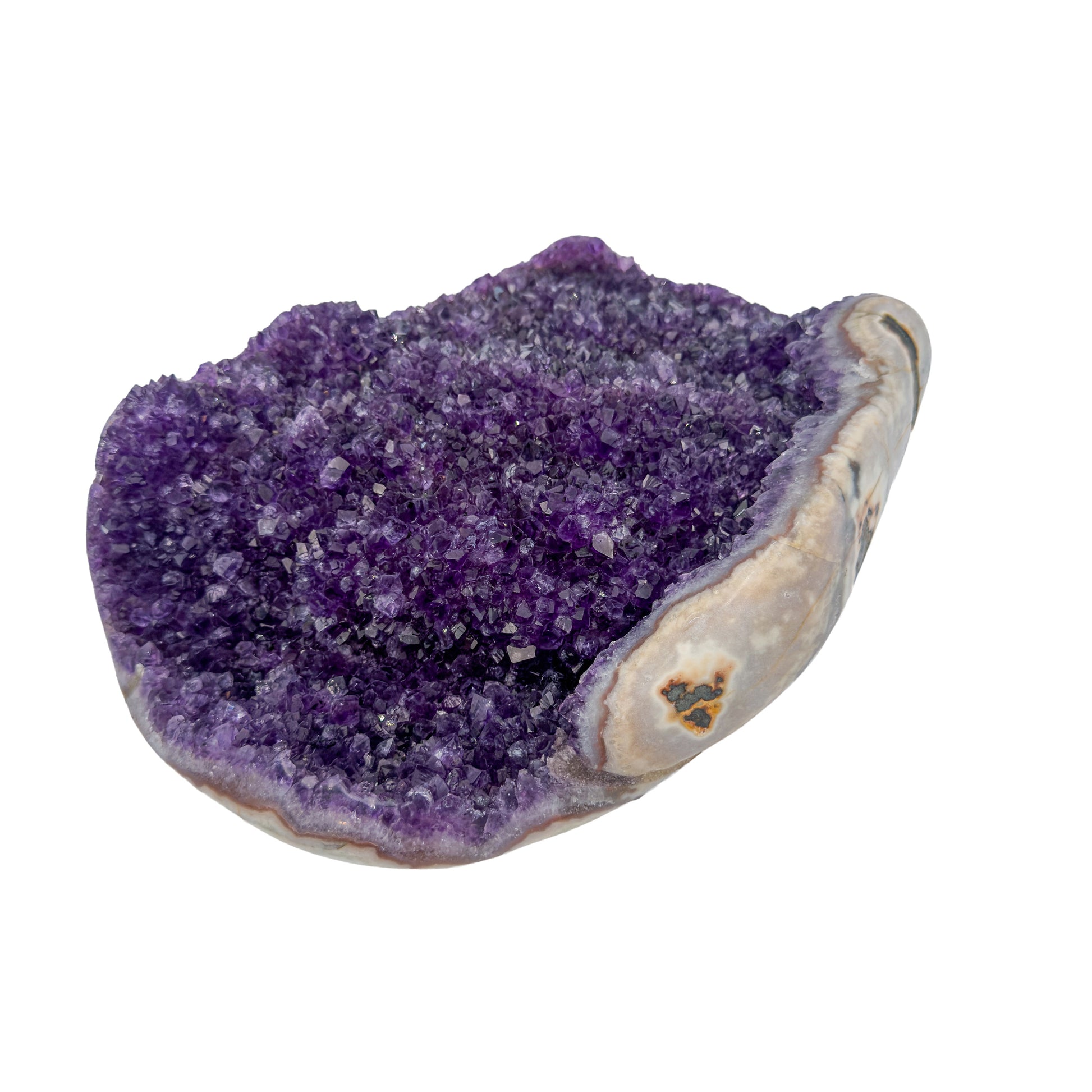AA grade amethyst geode from Uruguay, alternate angle, a cream and tan agate rim, specimen 23.