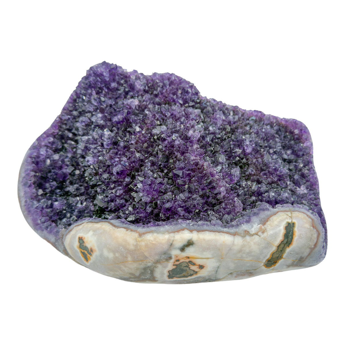 AA grade amethyst geode from Uruguay, detail of the crystal face, a cream and tan agate rim, specimen 23.