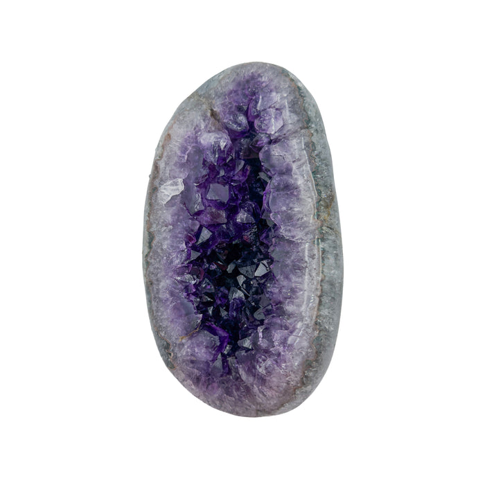 AAA grade amethyst polished geode from Artigas, Uruguay, closed almond-shaped nodule, dark purple crystals visible through a narrow slit opening, 7.80 x 4.87 x 3.20 in, 5.39 pounds.