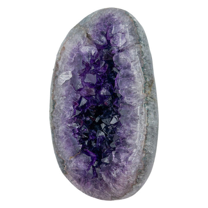 AAA grade amethyst polished geode from Artigas, Uruguay, closed almond-shaped nodule, dark purple crystals visible through a narrow slit opening, 7.80 x 4.87 x 3.20 in, 5.39 pounds.