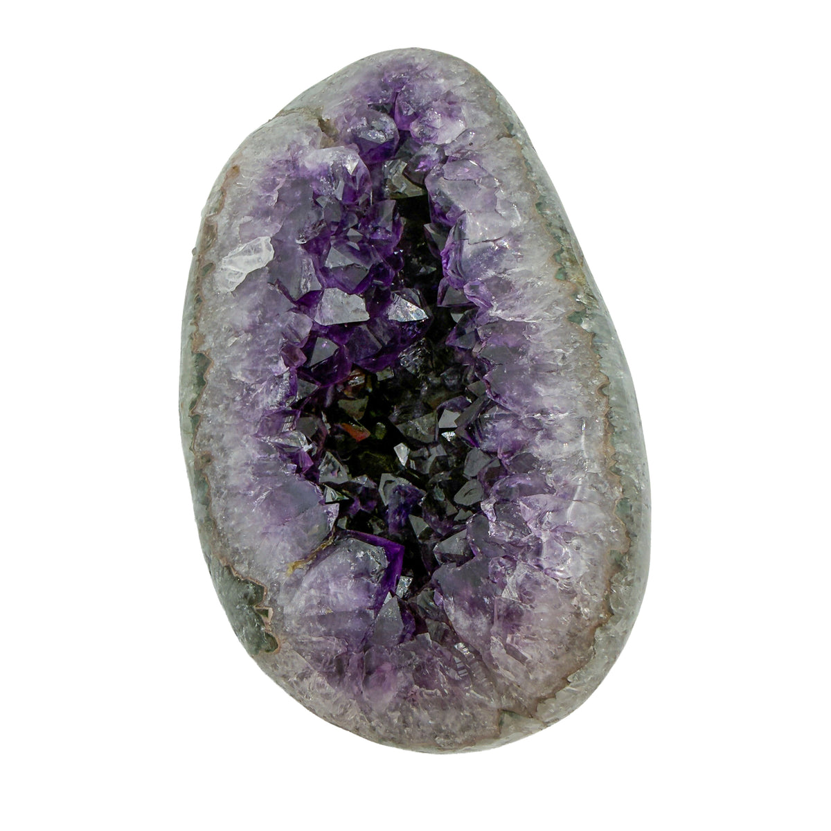 AAA grade amethyst geode from Uruguay, angled three-quarter view, a thick grey-green agate shell, specimen 11.