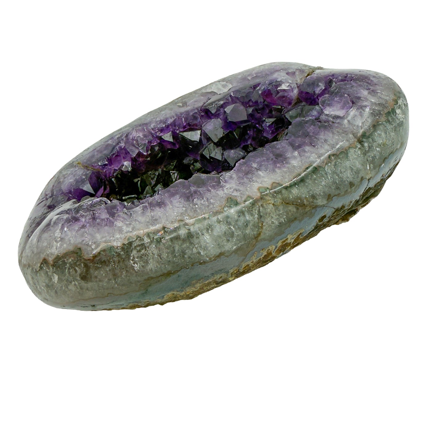 AAA grade amethyst geode from Uruguay, left profile, a thick grey-green agate shell, specimen 11.