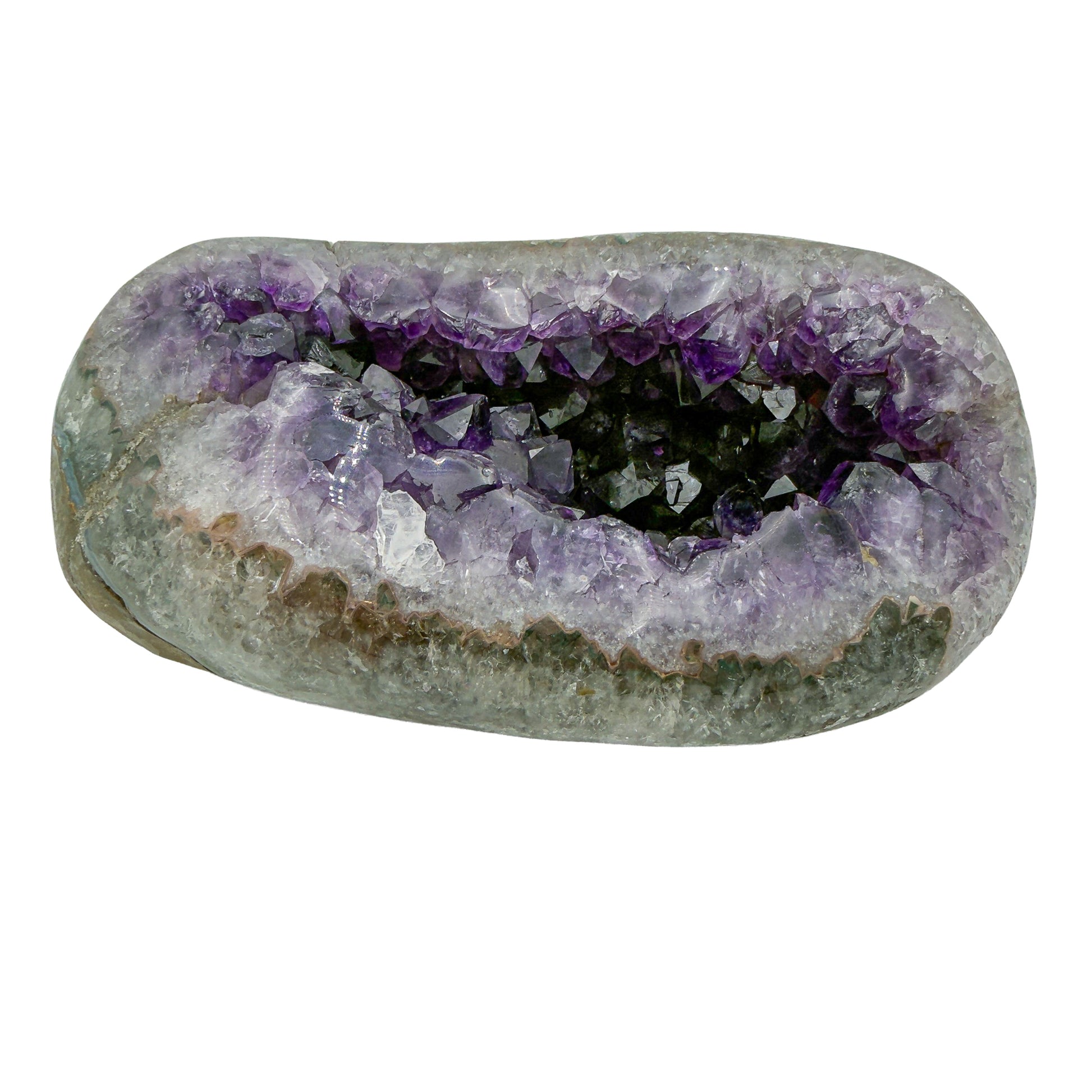 AAA grade amethyst geode from Uruguay, right profile, a thick grey-green agate shell, specimen 11.
