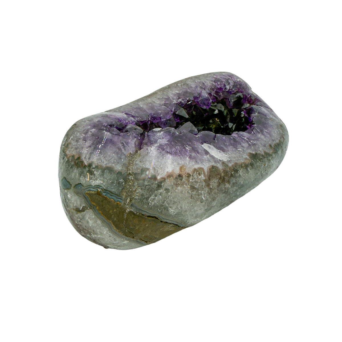 AAA grade amethyst geode from Uruguay, reverse side, a thick grey-green agate shell, specimen 11.