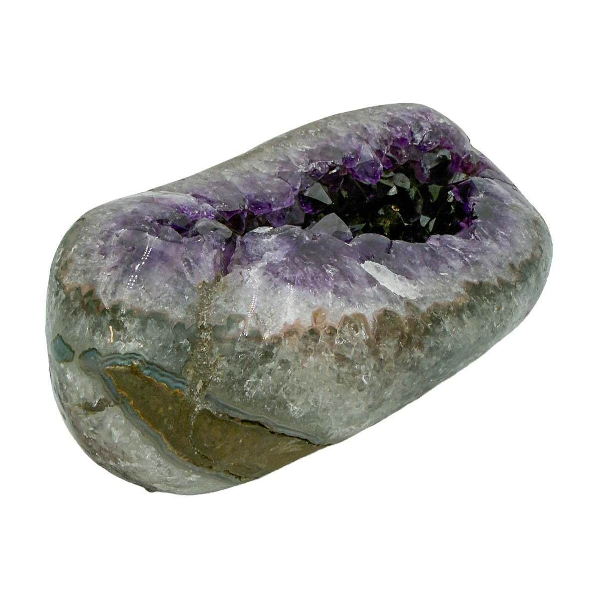 AAA grade amethyst geode from Uruguay, reverse side, a thick grey-green agate shell, specimen 11.