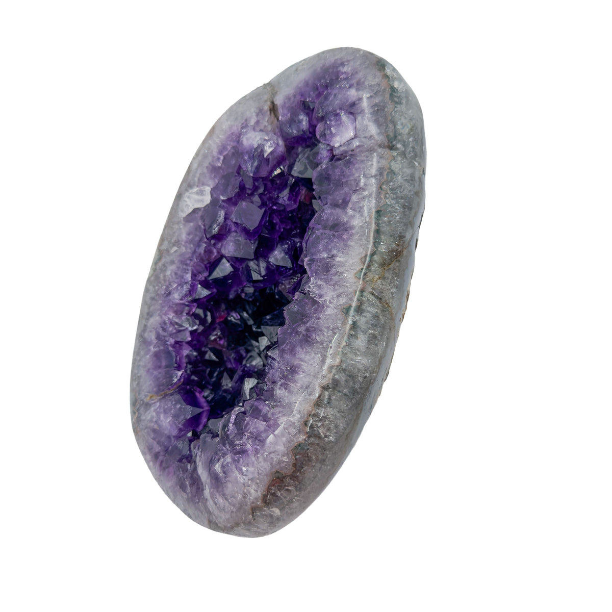AAA grade amethyst geode from Uruguay, alternate angle, a thick grey-green agate shell, specimen 11.