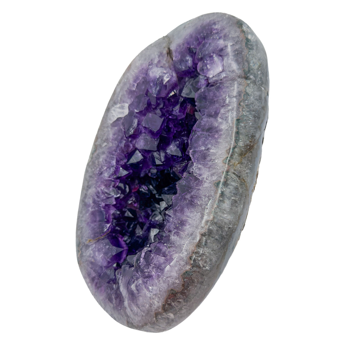 AAA grade amethyst geode from Uruguay, alternate angle, a thick grey-green agate shell, specimen 11.