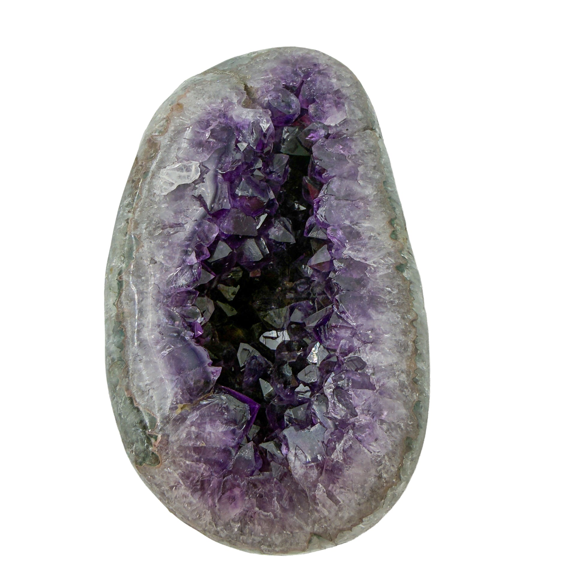 AAA grade amethyst geode from Uruguay, detail of the crystal face, a thick grey-green agate shell, specimen 11.