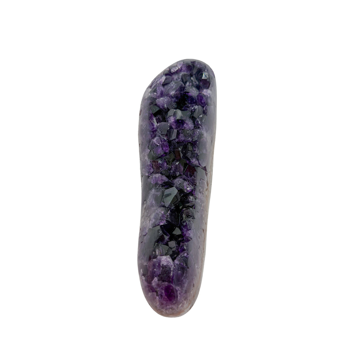 AAA grade amethyst geode from Uruguay, angled three-quarter view, cream and tan agate rind along the base, specimen 6.