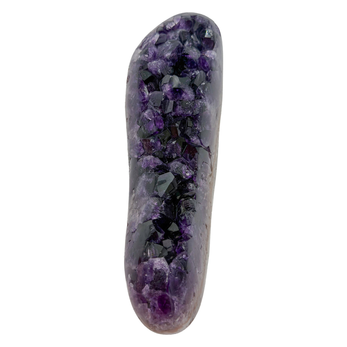 AAA grade amethyst geode from Uruguay, angled three-quarter view, cream and tan agate rind along the base, specimen 6.