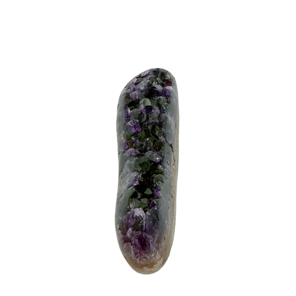 AAA grade amethyst geode from Uruguay, left profile, cream and tan agate rind along the base, specimen 6.