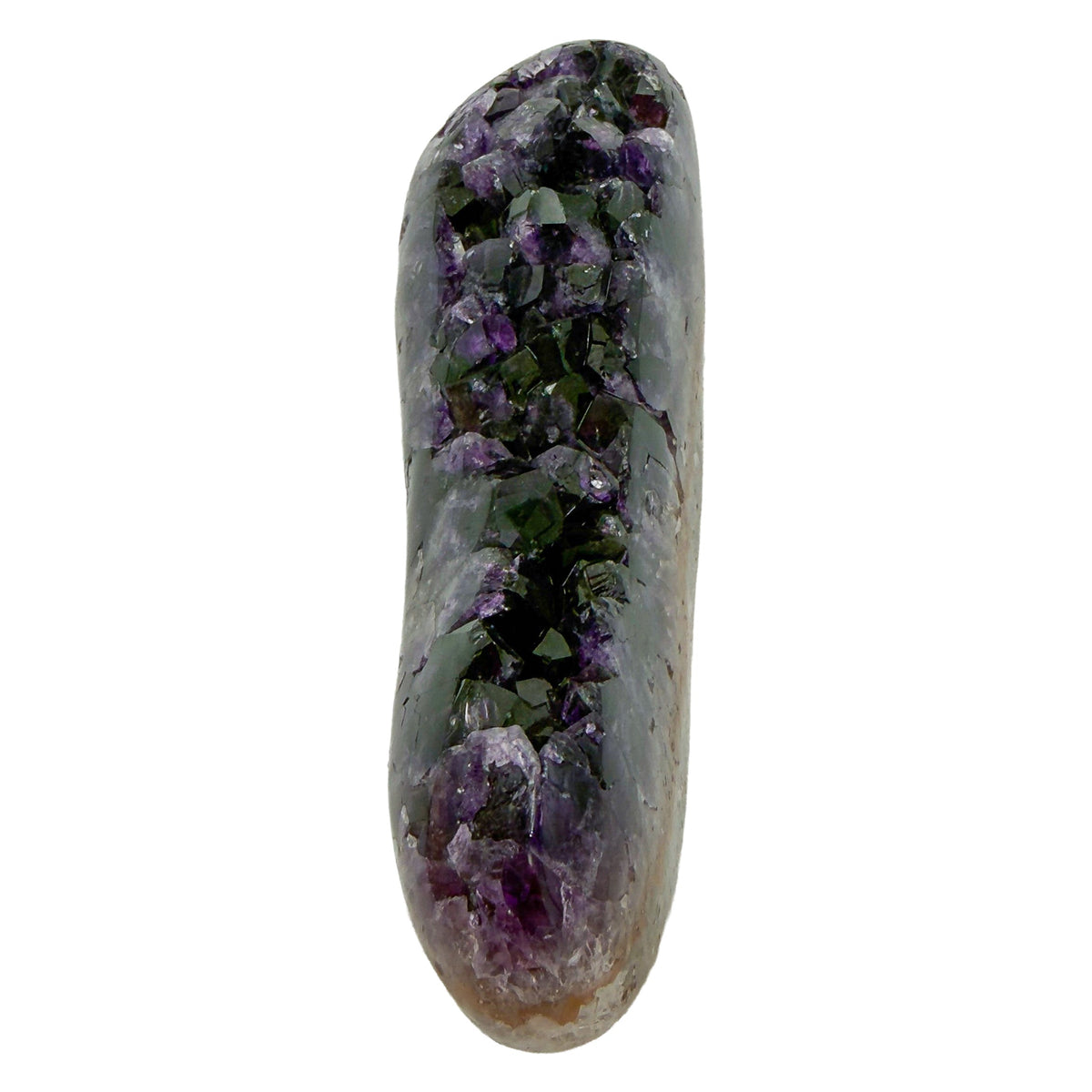 AAA grade amethyst geode from Uruguay, left profile, cream and tan agate rind along the base, specimen 6.