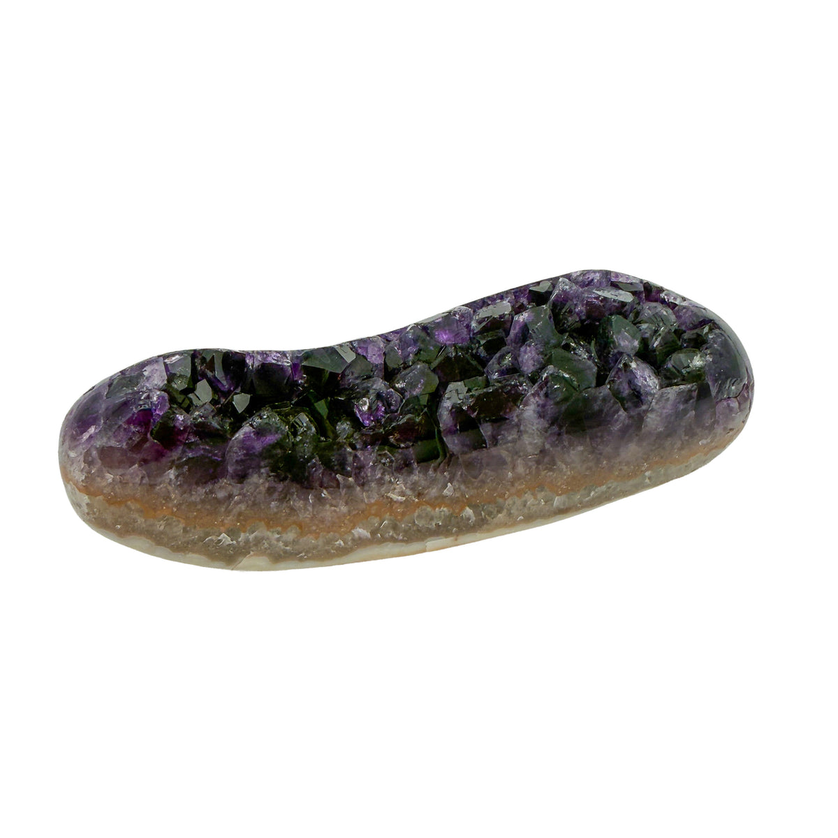 AAA grade amethyst geode from Uruguay, right profile, cream and tan agate rind along the base, specimen 6.