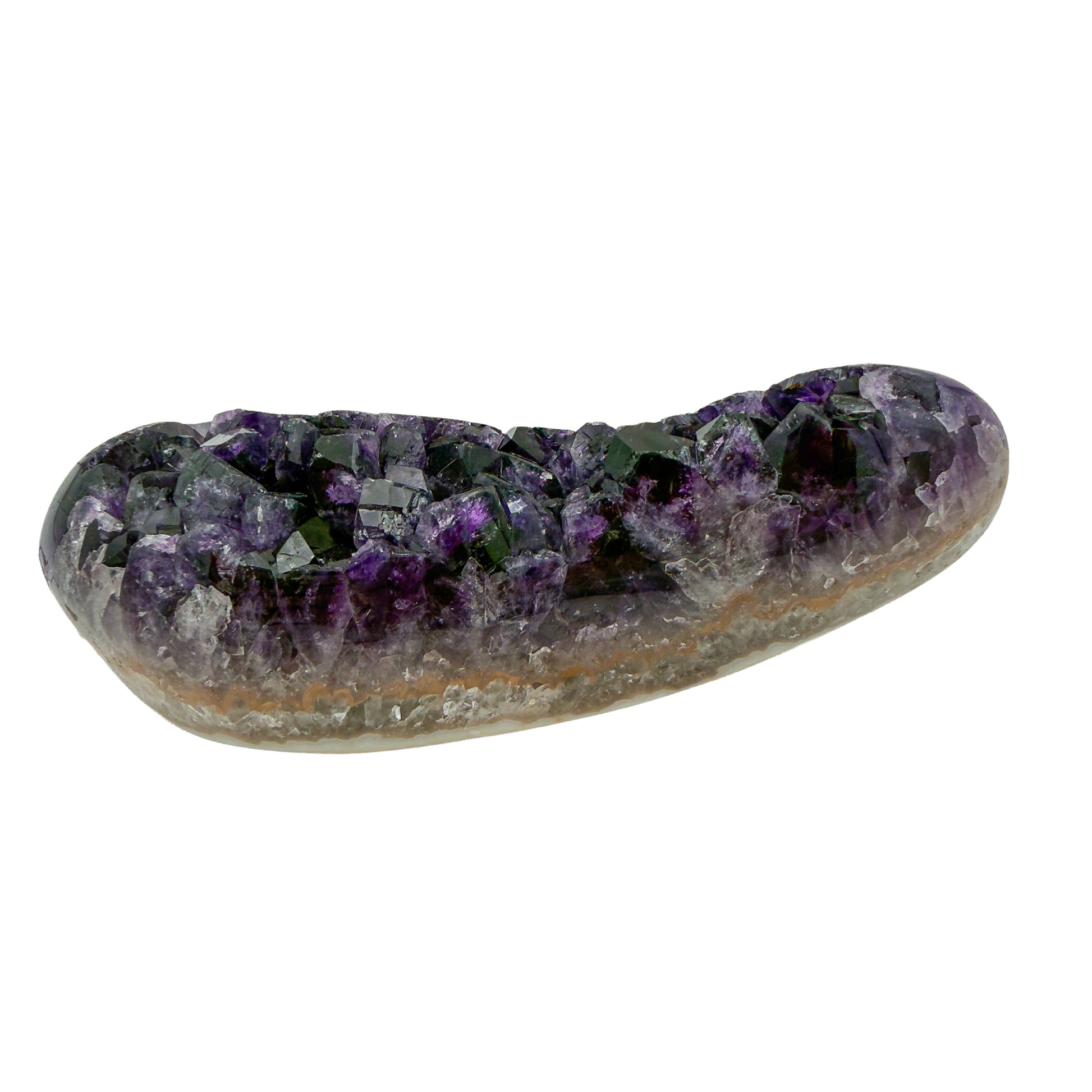 AAA grade amethyst polished geode from Artigas, Uruguay, long curved crescent section, deep violet druzy running the full length, 6.89 x 2.18 x 2.60 in, 2.16 pounds.