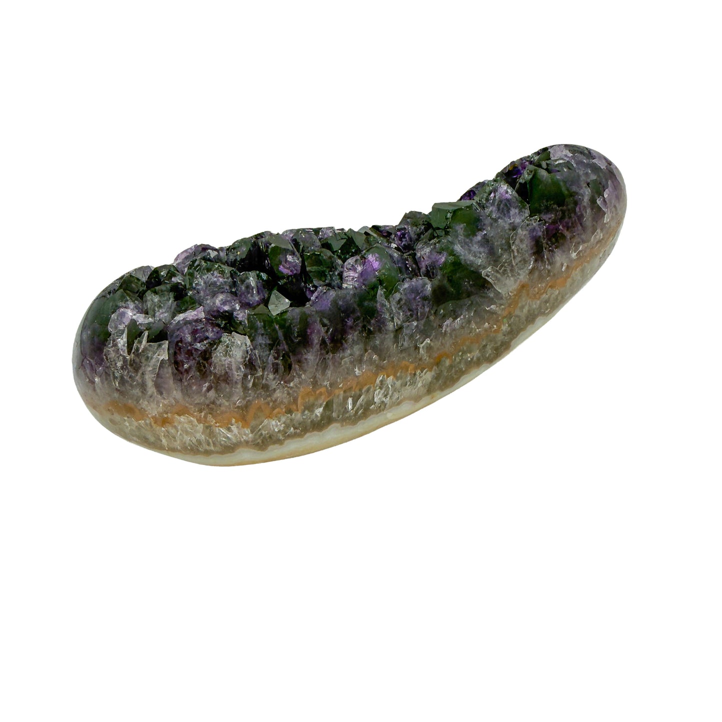 AAA grade amethyst geode from Uruguay, reverse side, cream and tan agate rind along the base, specimen 6.