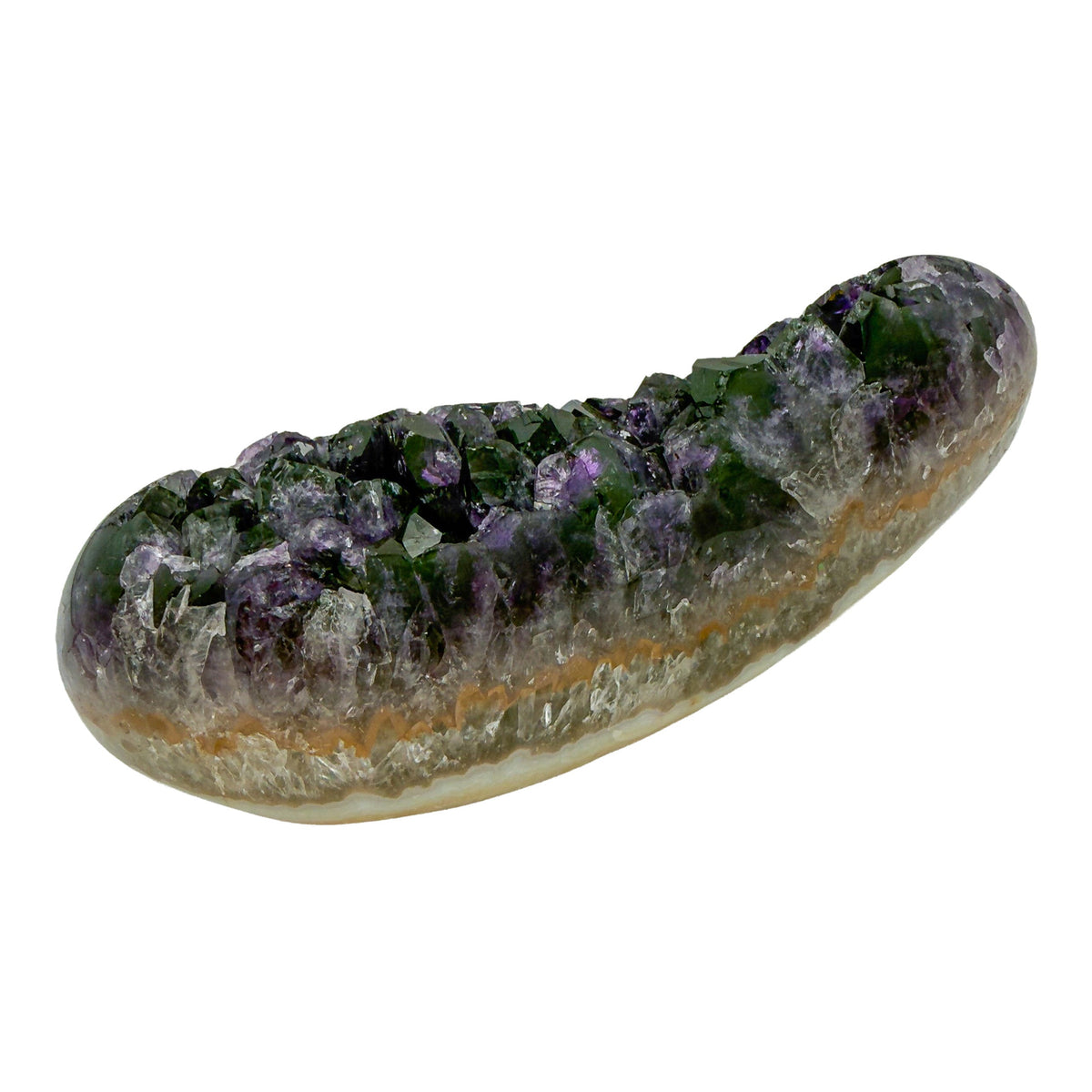 AAA grade amethyst geode from Uruguay, reverse side, cream and tan agate rind along the base, specimen 6.