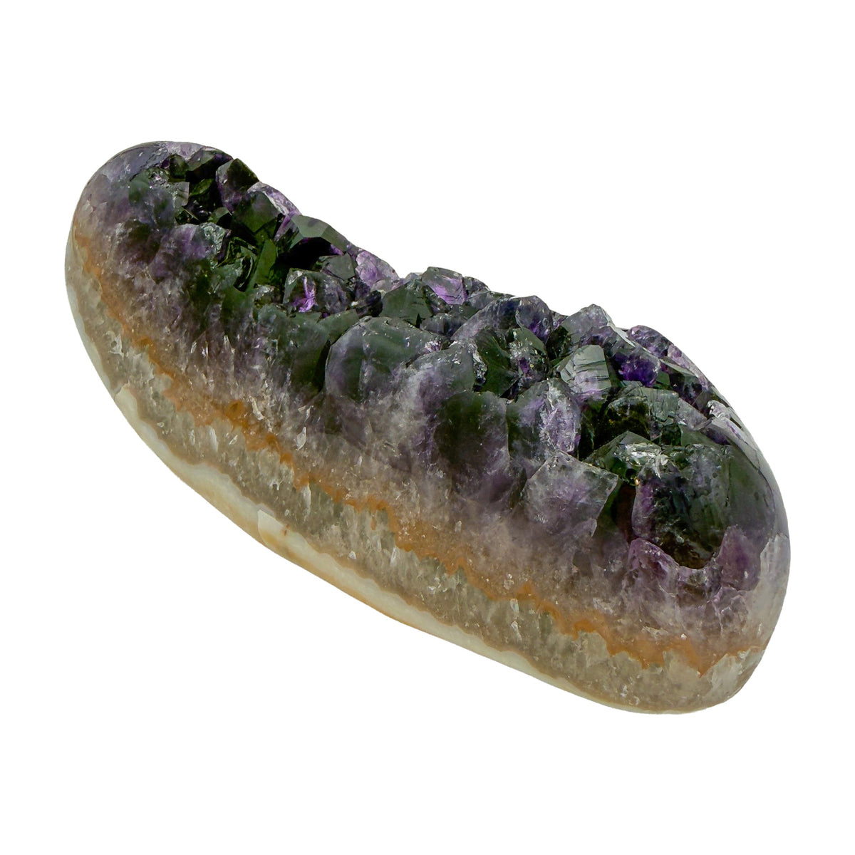 AAA grade amethyst geode from Uruguay, alternate angle, cream and tan agate rind along the base, specimen 6.