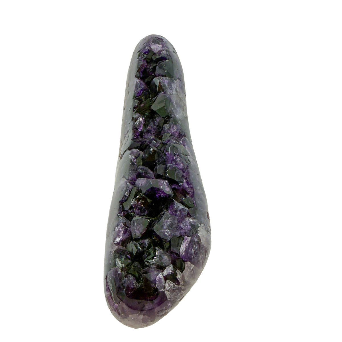 AAA grade amethyst geode from Uruguay, detail of the crystal face, cream and tan agate rind along the base, specimen 6.
