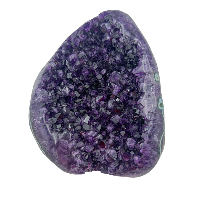 AAA grade amethyst polished geode from Artigas, Uruguay, rounded shield, dark purple druzy shading to olive at the edges, 7.59 x 5.89 x 2.28 in, 5.66 pounds.