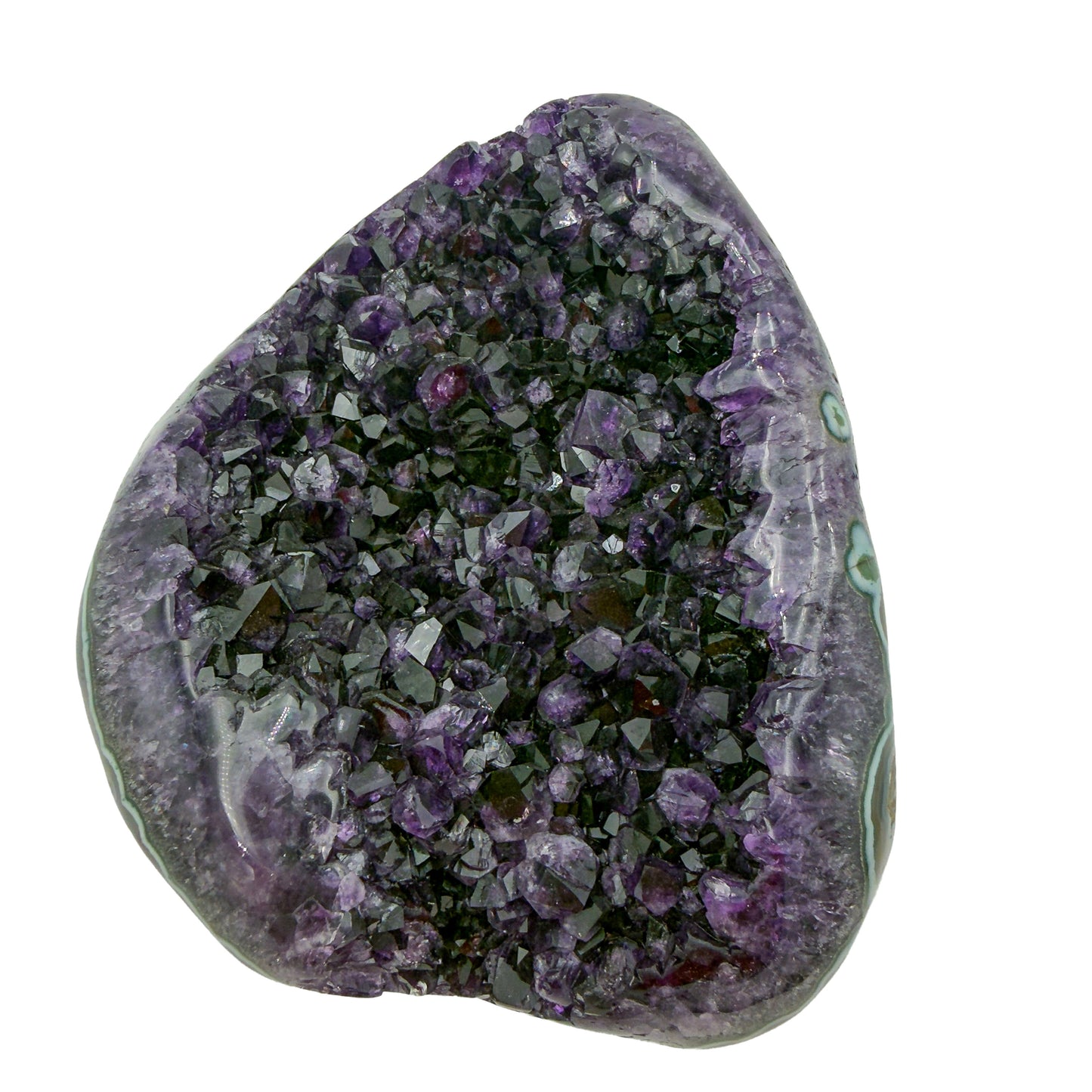 AAA grade amethyst geode from Uruguay, angled three-quarter view, pale green celadonite banding over a yellow-olive base, specimen 24.