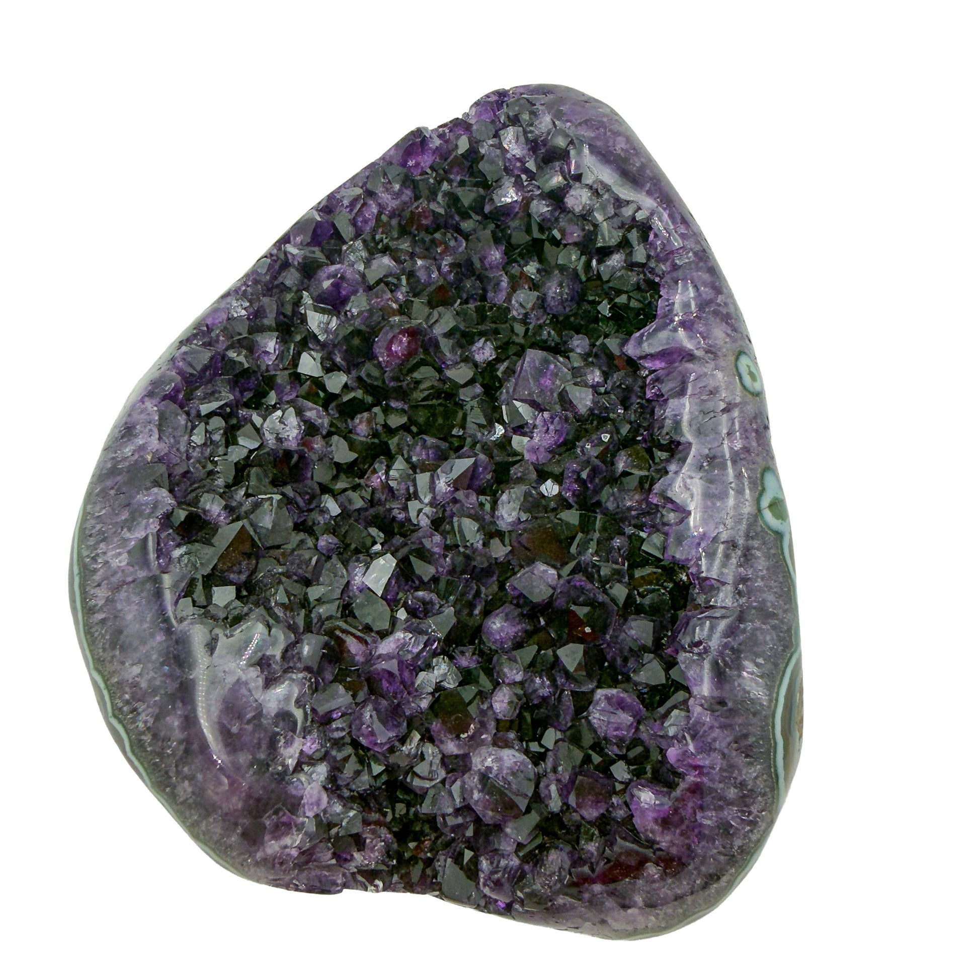 AAA grade amethyst geode from Uruguay, angled three-quarter view, pale green celadonite banding over a yellow-olive base, specimen 24.